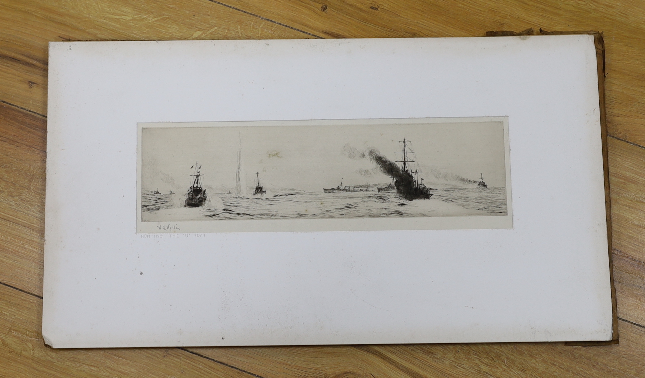 William Lionel Wyllie (1851-1931), drypoint etching, 'Hunting the U-boat', signed in pencil, 8.5 x 33cm, unframed